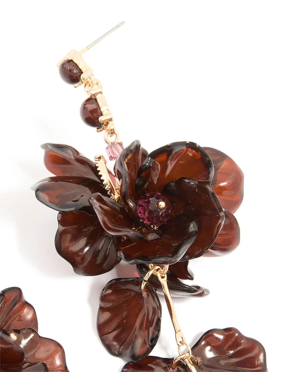 Dark Brown Acrylic Flower Petals Large Drop Earrings
