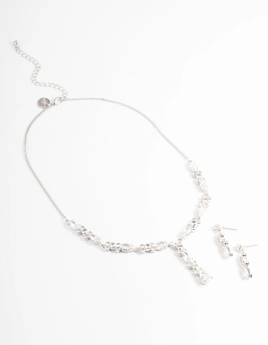 Diamond Simulants Silver Statement Drop Earrings & Necklace Set