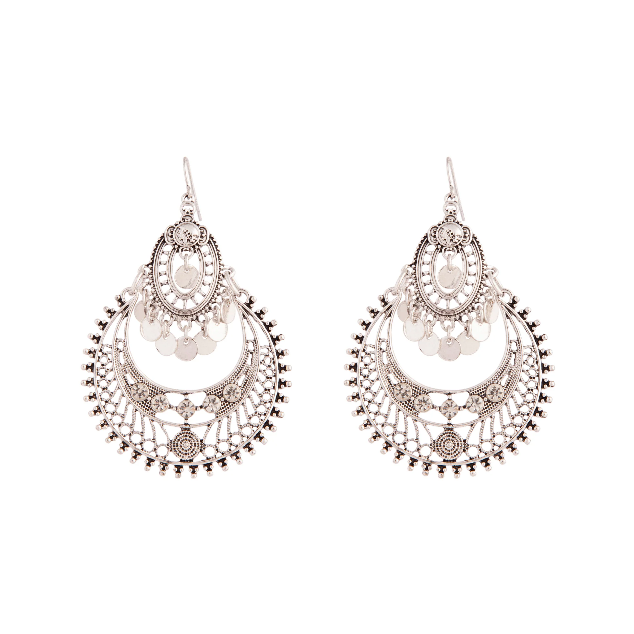 Etched Antique Silver Disc Drop Chandbali Earrings