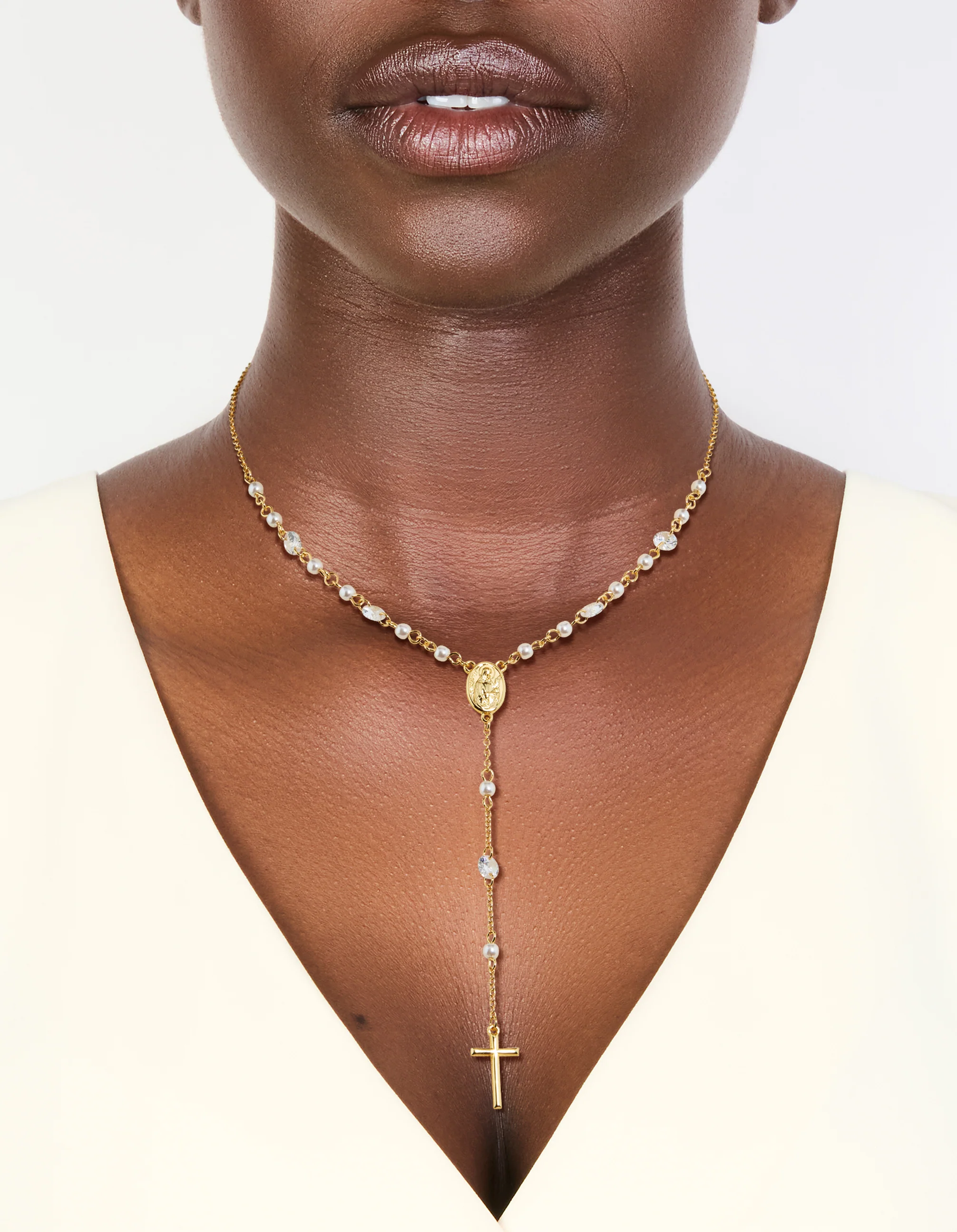 Gold Plated Cubic Zirconia & Pearl Rosary Necklace