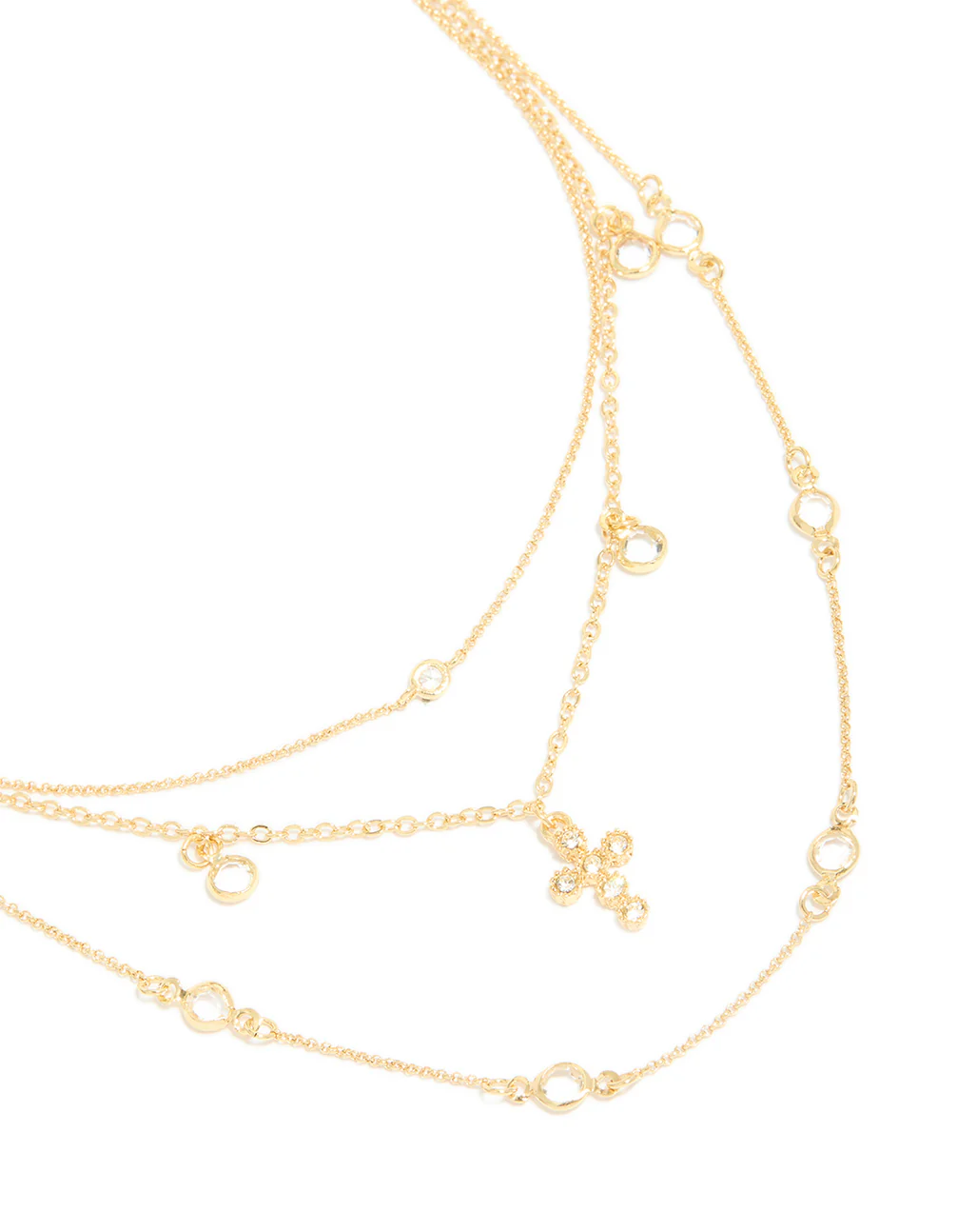 Gold Plated Cubic Zirconia Bezel & Cross Layered Necklace
