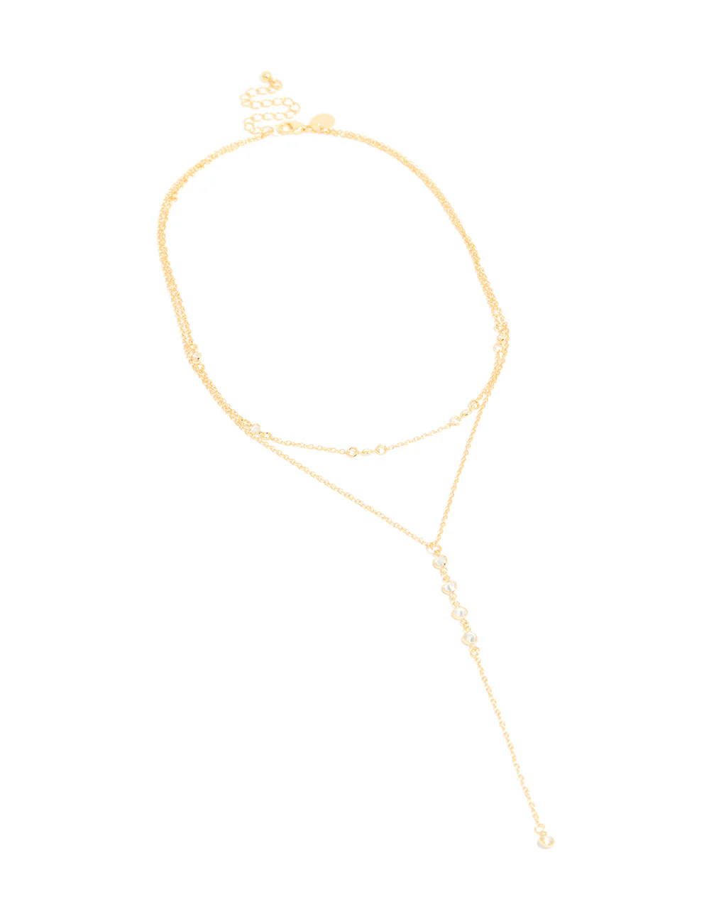 334-gold-plated-cubic-zirconia-bezel-layered-y-necklace-2.webp Gold Plated Cubic Zirconia Bezel Layered Y-Necklace
