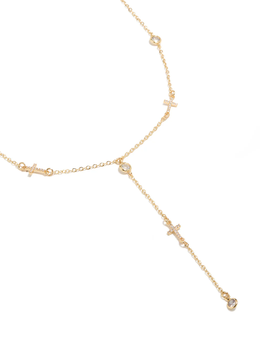 Gold Plated Cubic Zirconia Bezel Set Cross Rosary Necklace