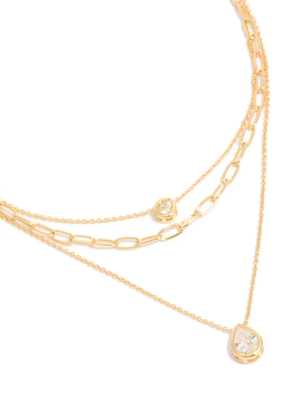 Gold Plated Cubic Zirconia Bezel Triple Layered Chain Necklace
