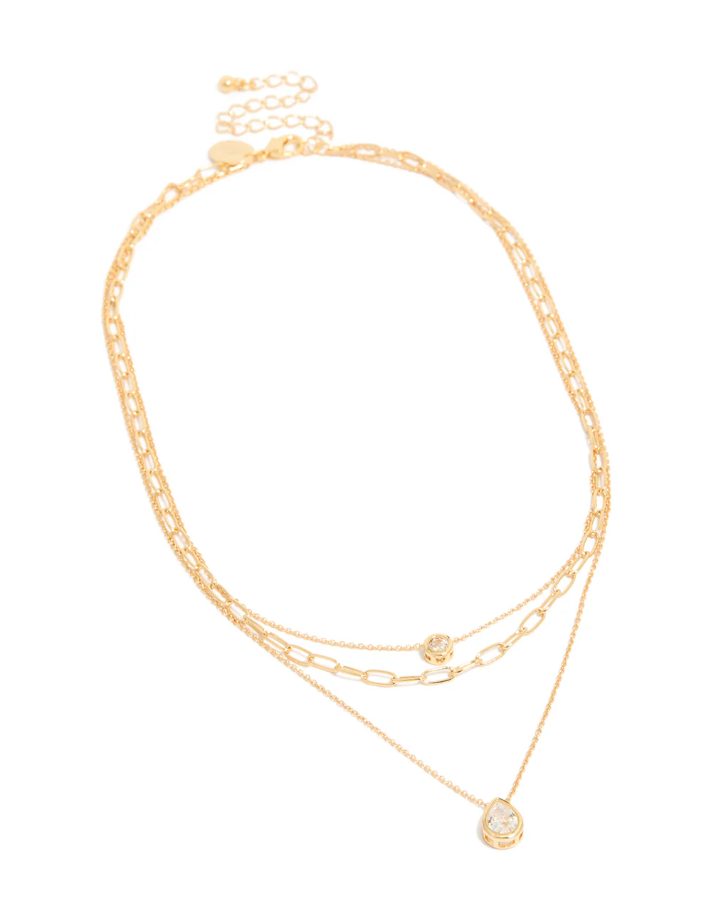 336-gold-plated-cubic-zirconia-bezel-triple-layered-chain-necklace-2.webp Gold Plated Cubic Zirconia Bezel Triple Layered Chain Necklace