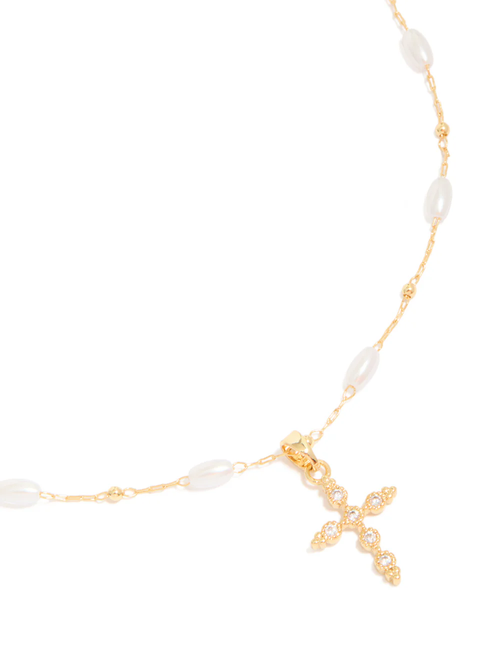 Gold Plated Cubic Zirconia Cross & Pearl Necklace