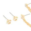 Gold Plated Cubic Zirconia Double Chain & Stud Stacker Earrings 3-Pack