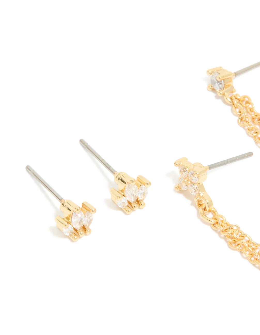 Gold Plated Cubic Zirconia Double Chain & Stud Stacker Earrings 3-Pack