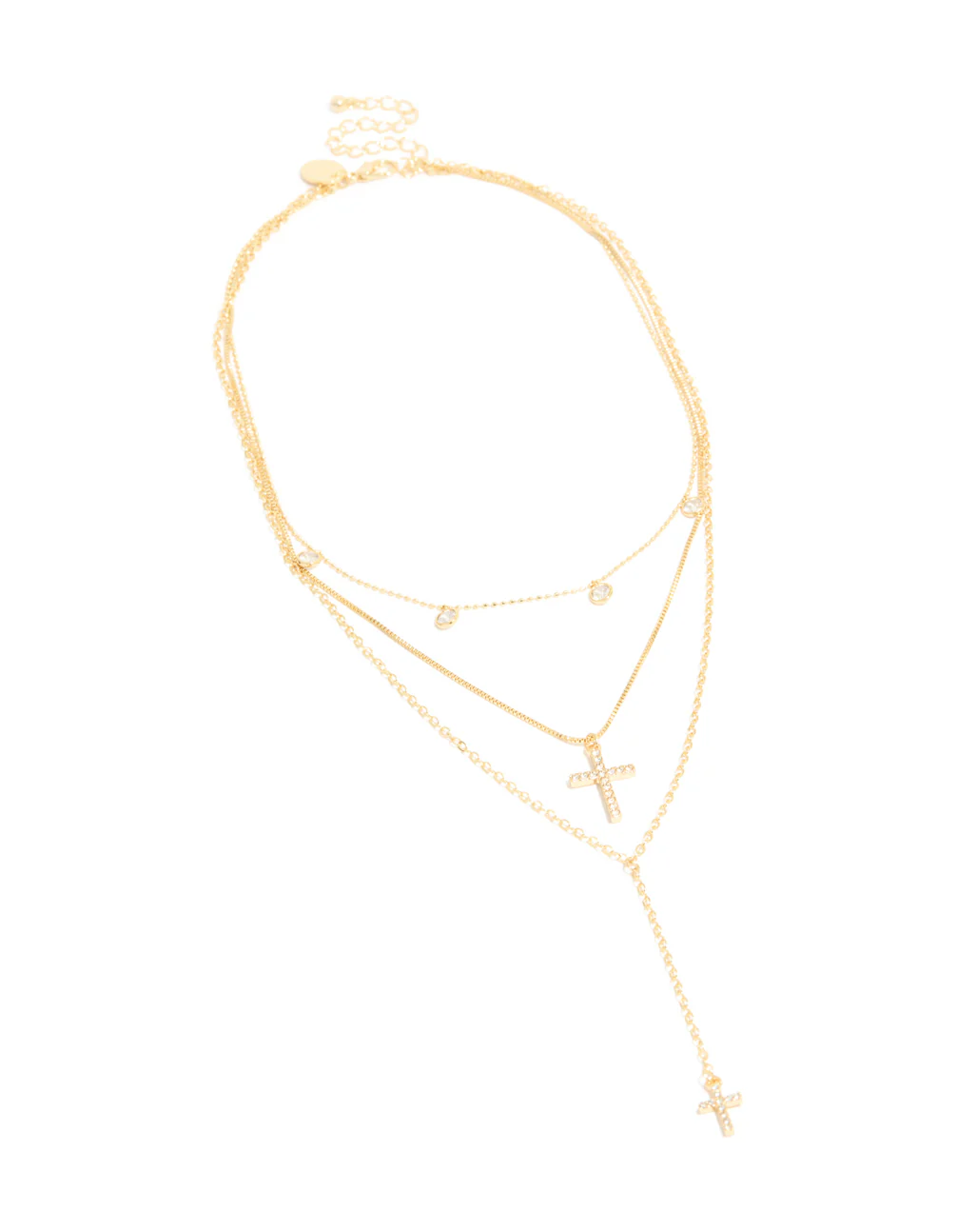 344-gold-plated-cubic-zirconia-droplet-cross-layered-y-necklace-2.webp Gold Plated Cubic Zirconia Droplet & Cross Layered Y-Necklace