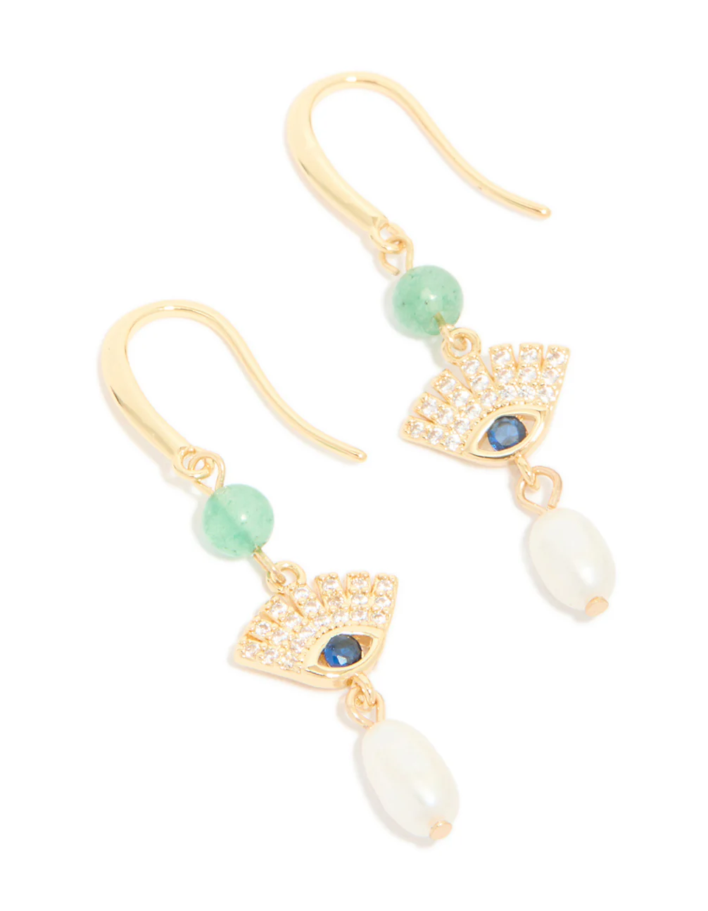 Gold Plated Cubic Zirconia Evil Eye Freshwater Pearl Drop Earrings