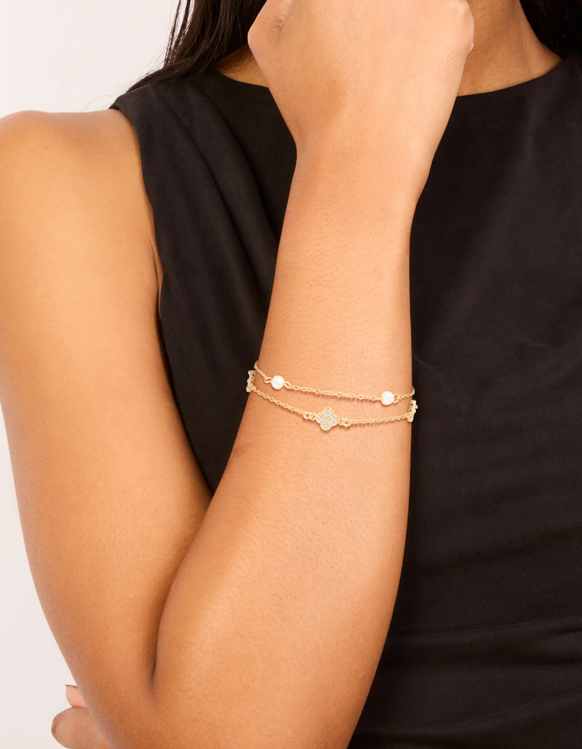 Gold Plated Cubic Zirconia Flower & Freshwater Pearl Layered Bracelet