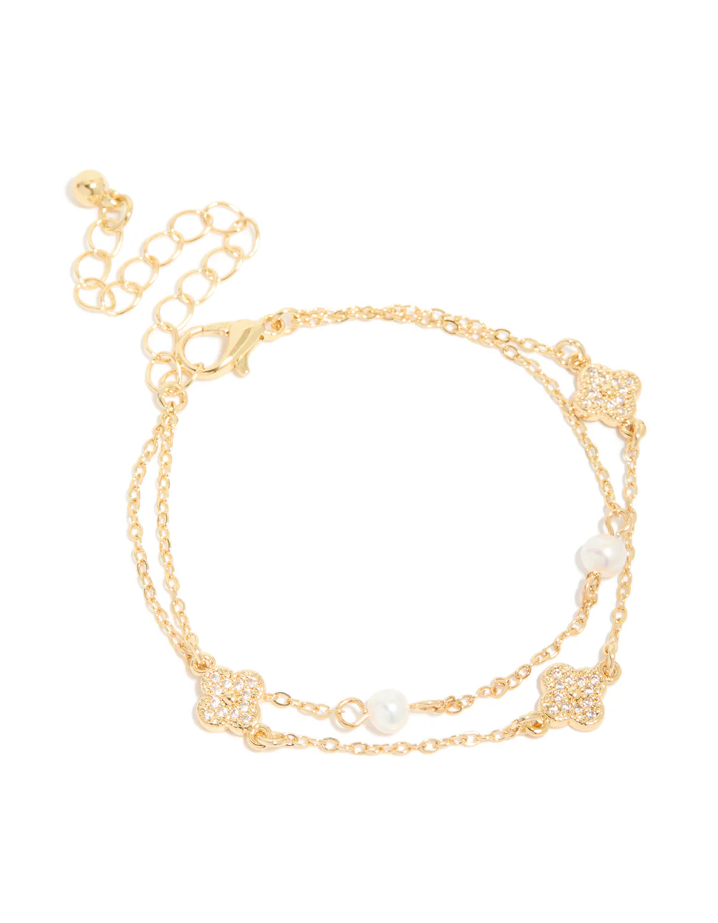 349-gold-plated-cubic-zirconia-flower-freshwater-pearl-layered-bracelet-2.webp Gold Plated Cubic Zirconia Flower & Freshwater Pearl Layered Bracelet