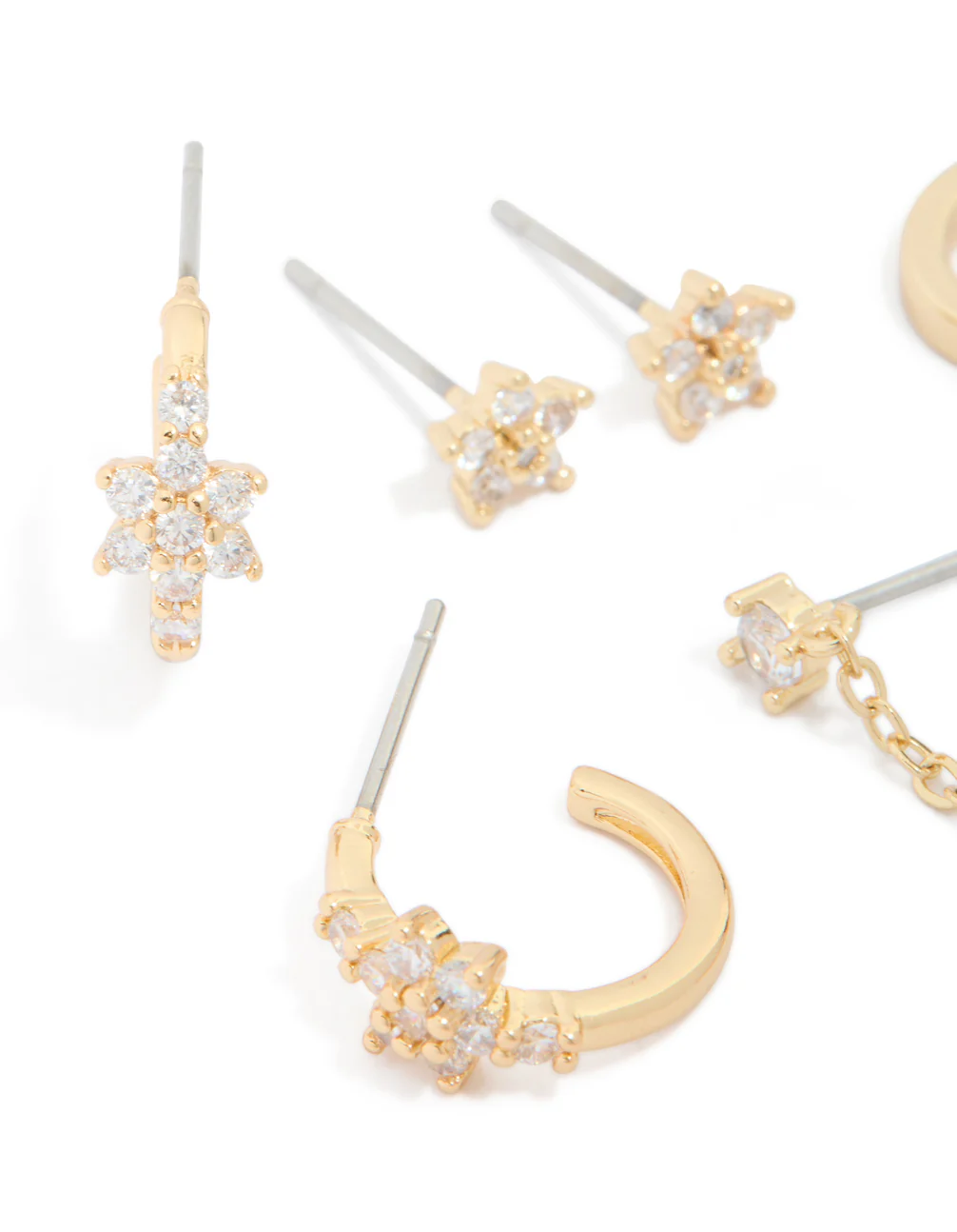 350-gold-plated-cubic-zirconia-flower-chain-mixed-earrings-4-pack-2.webp Gold Plated Cubic Zirconia Flower Chain & Mixed Earrings 4-Pack