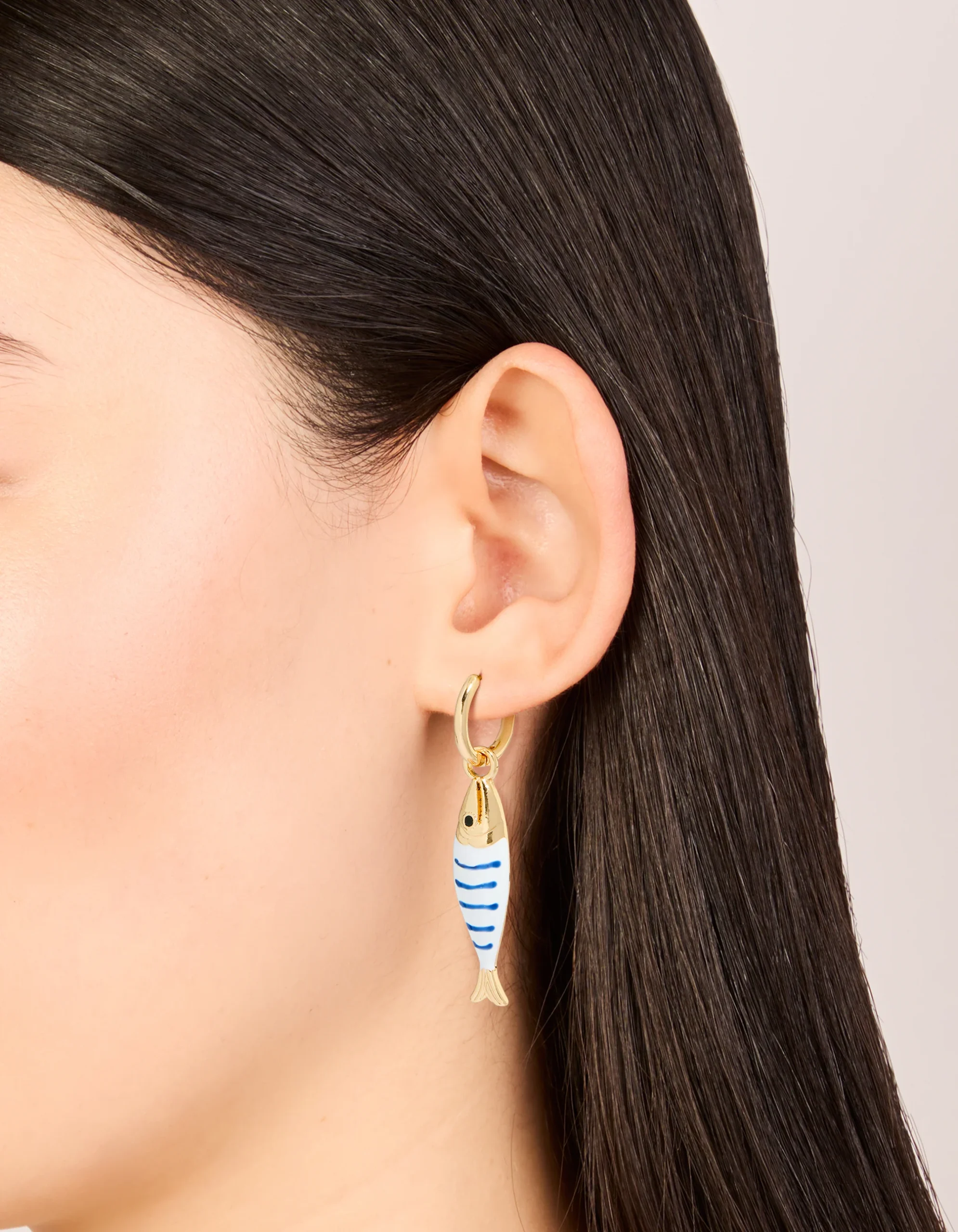38-gold-white-blue-striped-fish-huggie-earrings-1.webp Gold White & Blue Striped Fish Huggie Earrings