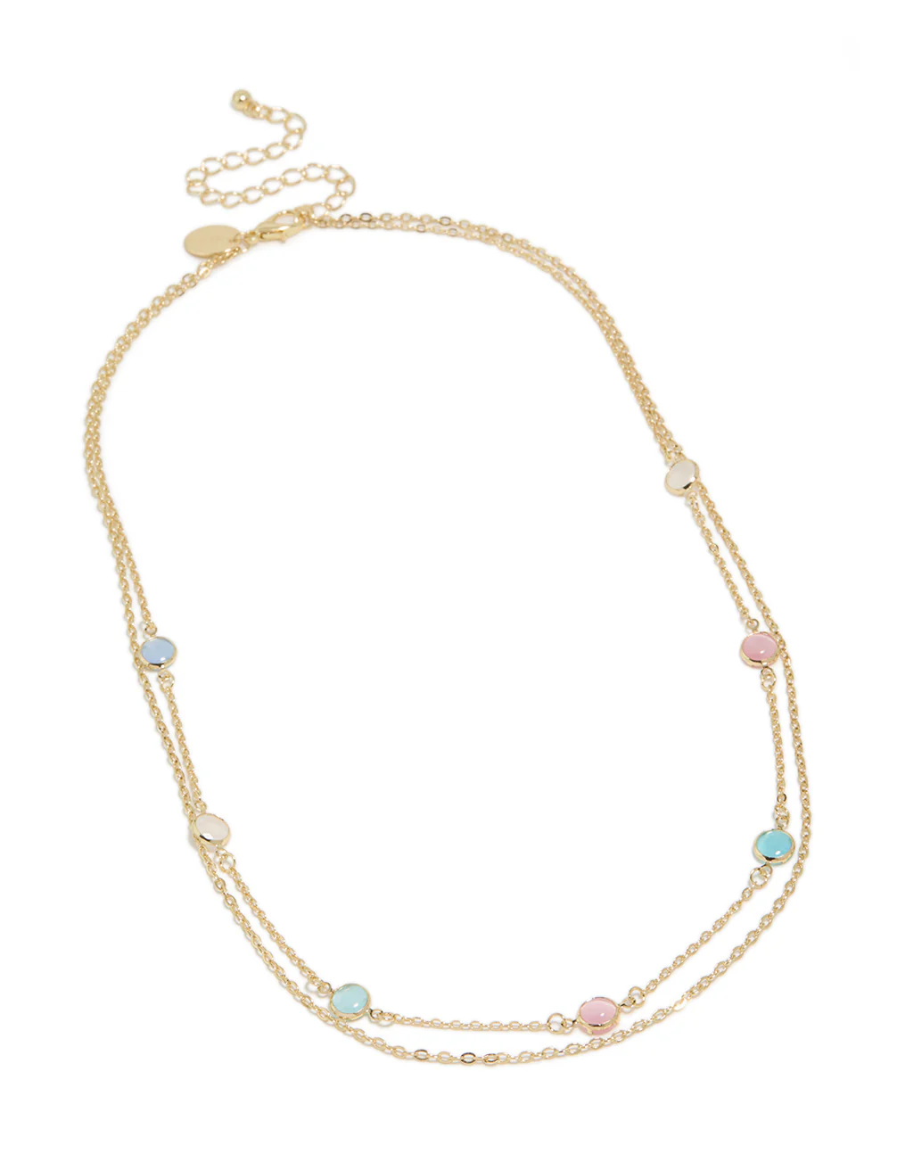 413-gold-plated-pink-blue-stones-layered-necklace-2.webp Gold Plated Pink & Blue Stones Layered Necklace