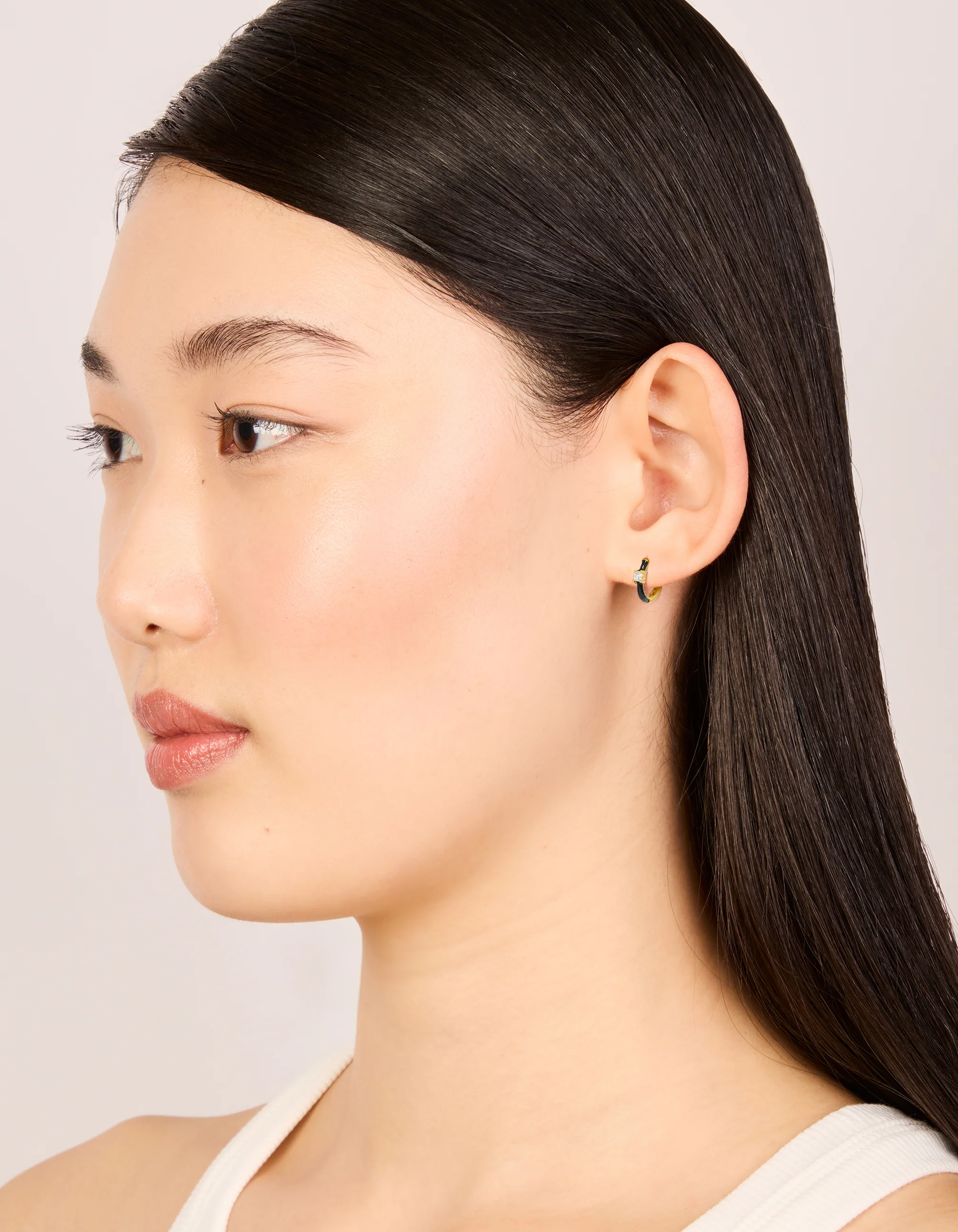 Gold Plated Sterling Silver Cubic Zirconia & Black  Enamel Huggie Earrings