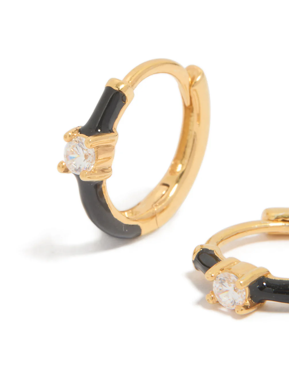 Gold Plated Sterling Silver Cubic Zirconia & Black  Enamel Huggie Earrings