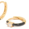 Gold Plated Sterling Silver Cubic Zirconia & Black  Enamel Huggie Earrings