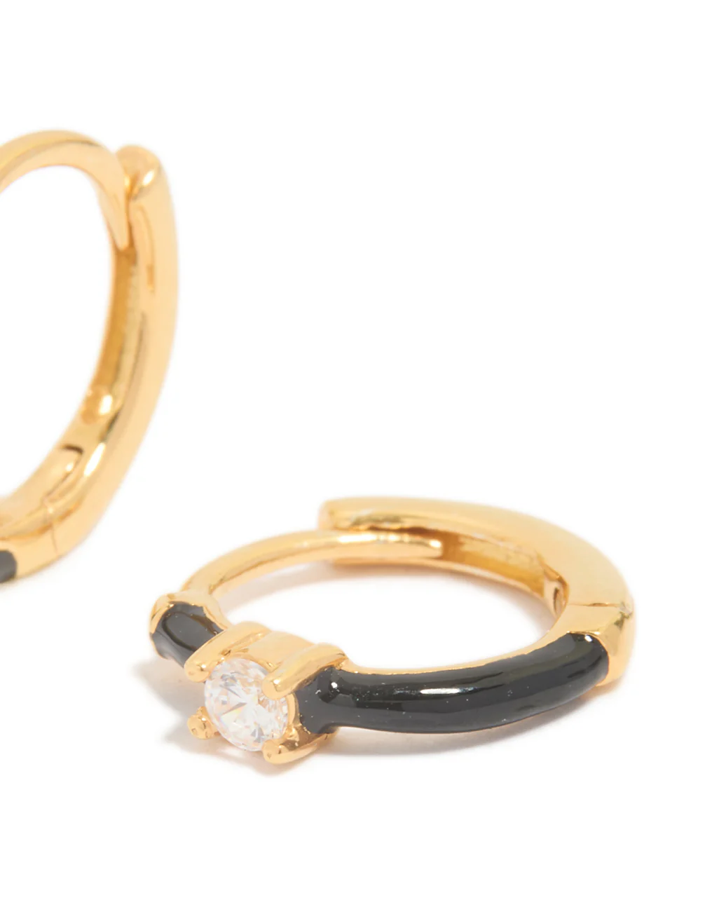 Gold Plated Sterling Silver Cubic Zirconia & Black  Enamel Huggie Earrings