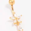 Gold Plated Titanium Cubic Zirconia Flower Pear Threadless Belly Bar