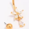 Gold Plated Titanium Cubic Zirconia Flower Pear Threadless Belly Bar