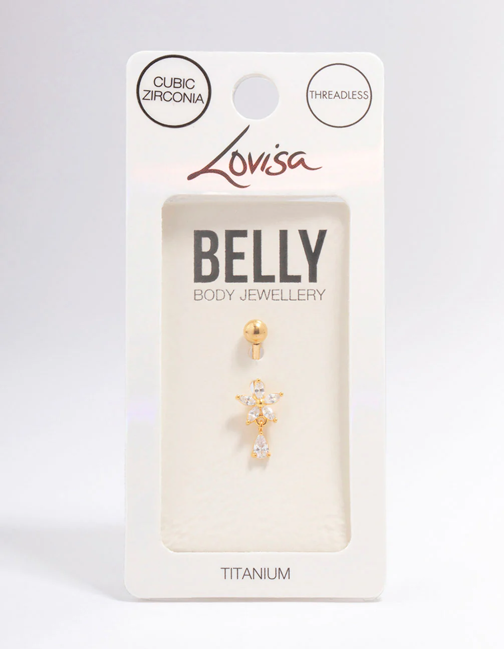 Gold Plated Titanium Cubic Zirconia Flower Pear Threadless Belly Bar