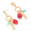 Gold Red Beaded & Fish Charm Drop Earrings