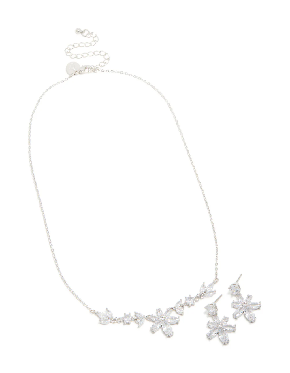 Silver Cubic Zirconia Lovely Floral Necklace & Earrings Set