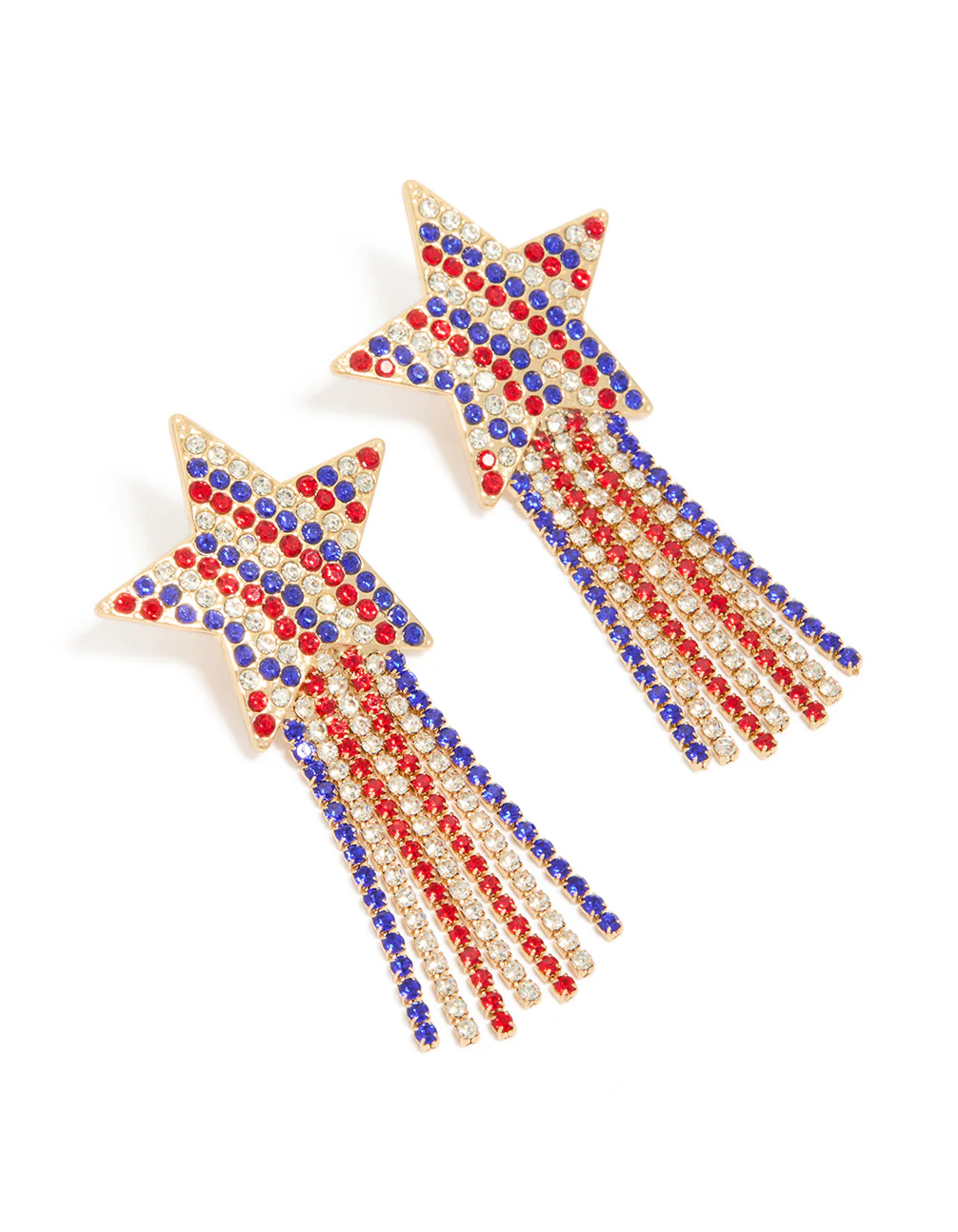 Gold Red Clear & Blue Diamante Cup Chain Star Drop Earrings