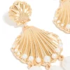 Gold Ribbed Shell & Pearls Drop Earrings