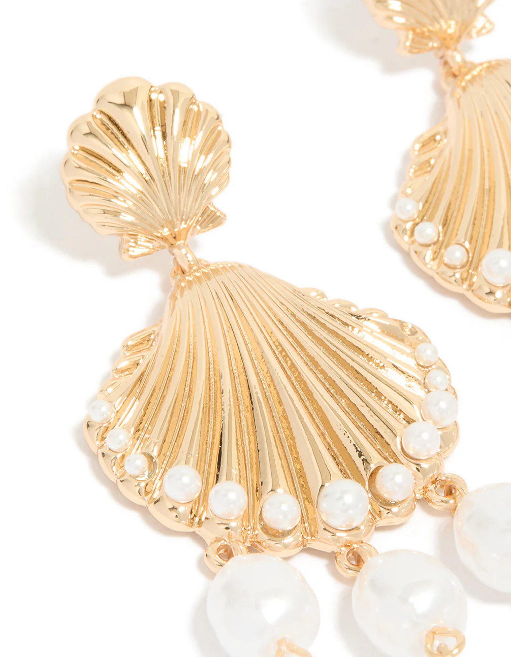 Gold Ribbed Shell & Pearls Drop Earrings