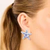 Gold White & Dark Blue Painted  Floral Starfish Stud Earrings