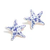 Gold White & Dark Blue Painted  Floral Starfish Stud Earrings