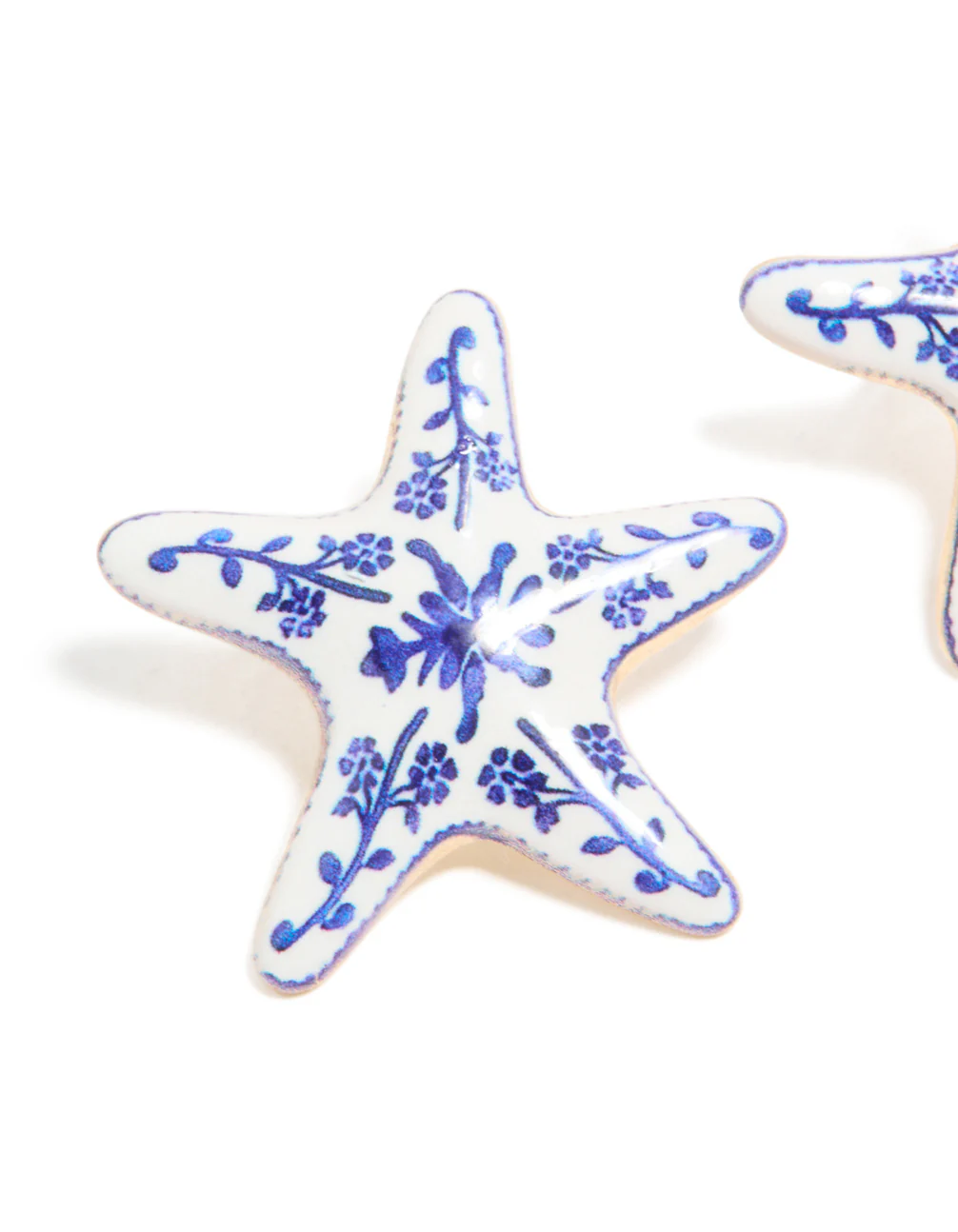 Gold White & Dark Blue Painted  Floral Starfish Stud Earrings