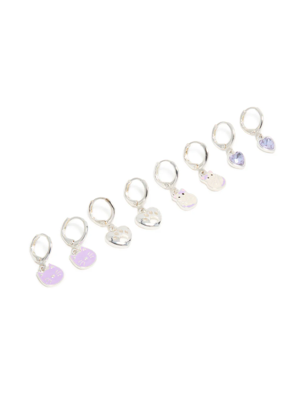 Kids Silver Cat & Paw Huggie Earrings 4-Pack