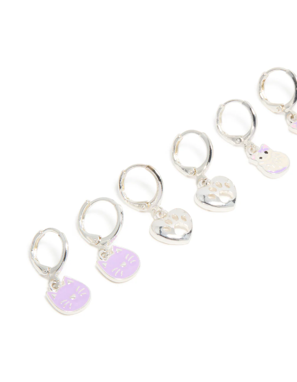Kids Silver Cat & Paw Huggie Earrings 4-Pack