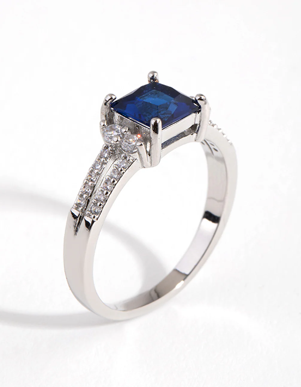 Silver Cubic Zirconia Square Station Double Band Ring