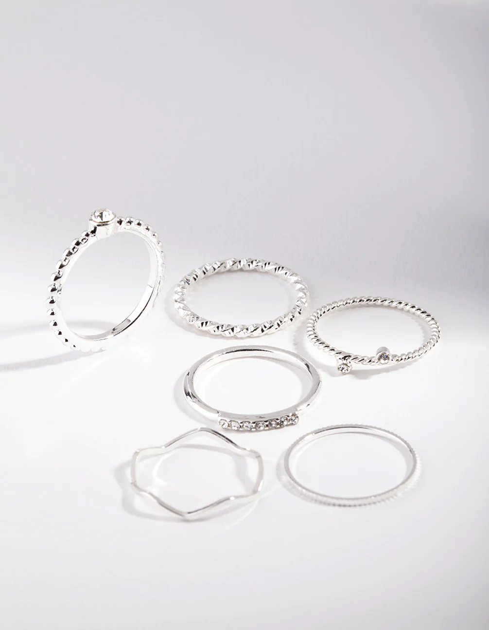 Silver Diamante Mixed Band Ring 6-Pack