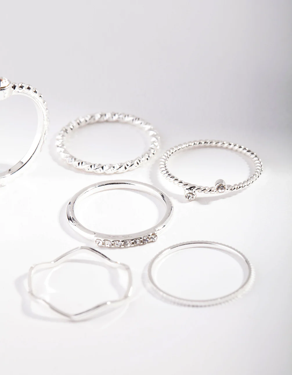 Silver Diamante Mixed Band Ring 6-Pack