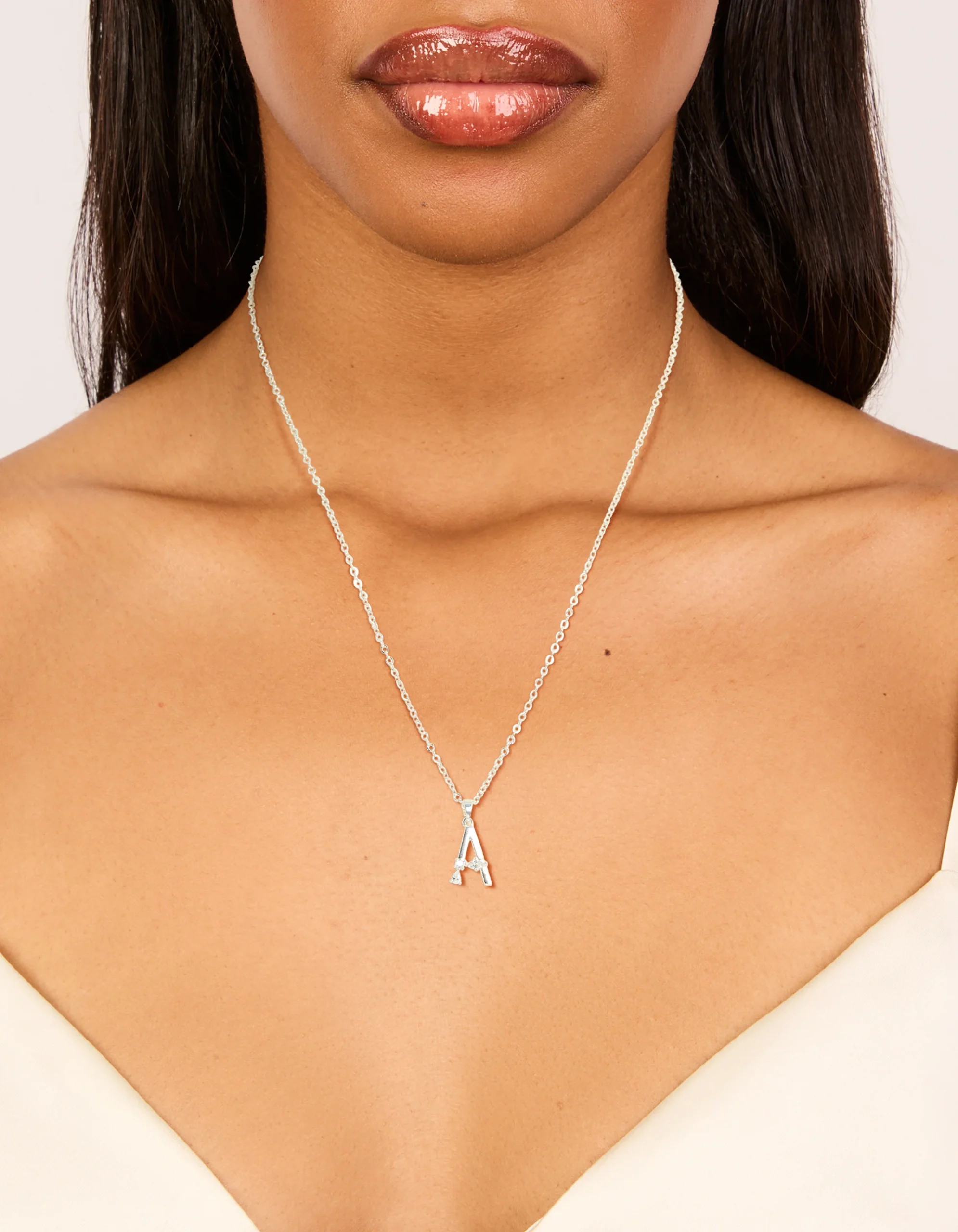 Silver Plated Thin Cubic Zirconia Letter A Necklace