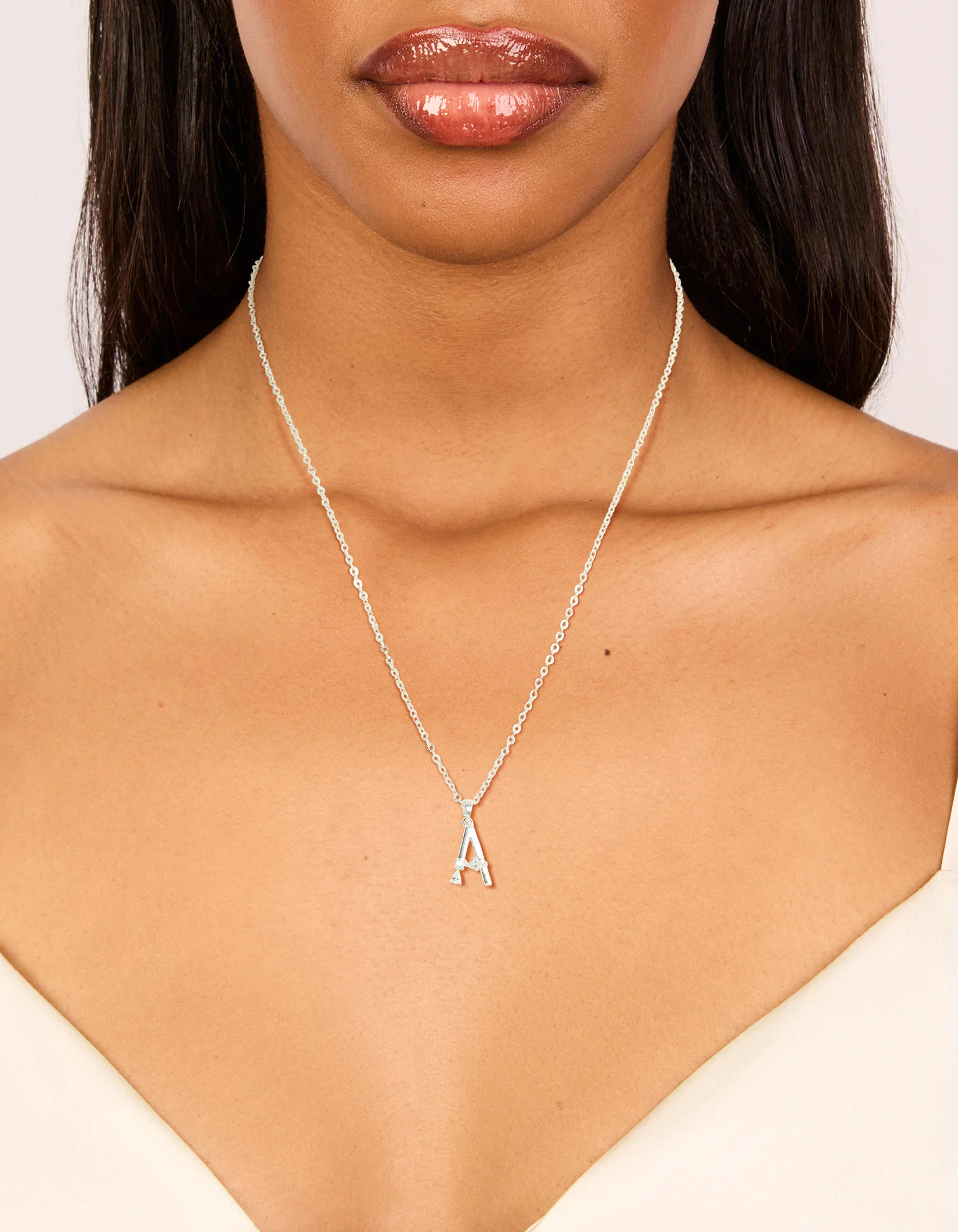 Silver Plated Thin Cubic Zirconia Letter A Necklace