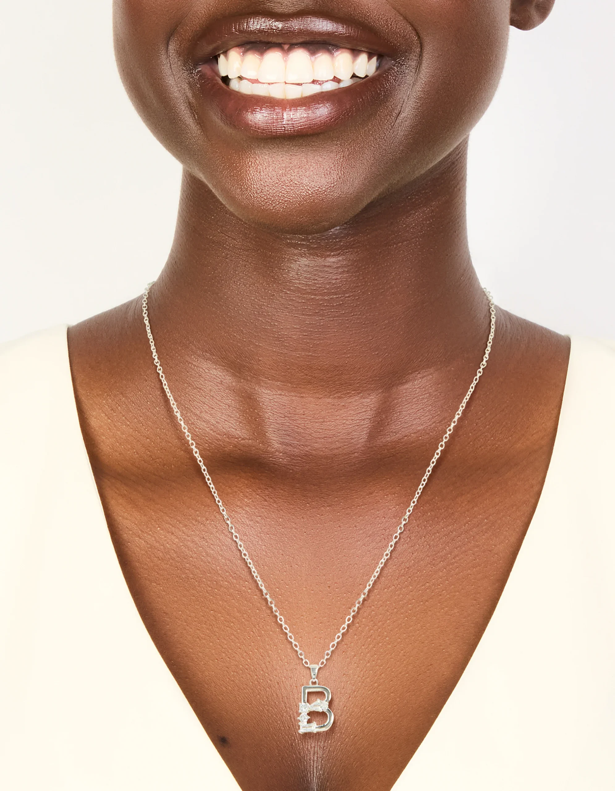 Silver Plated Thin Cubic Zirconia Letter B Necklace