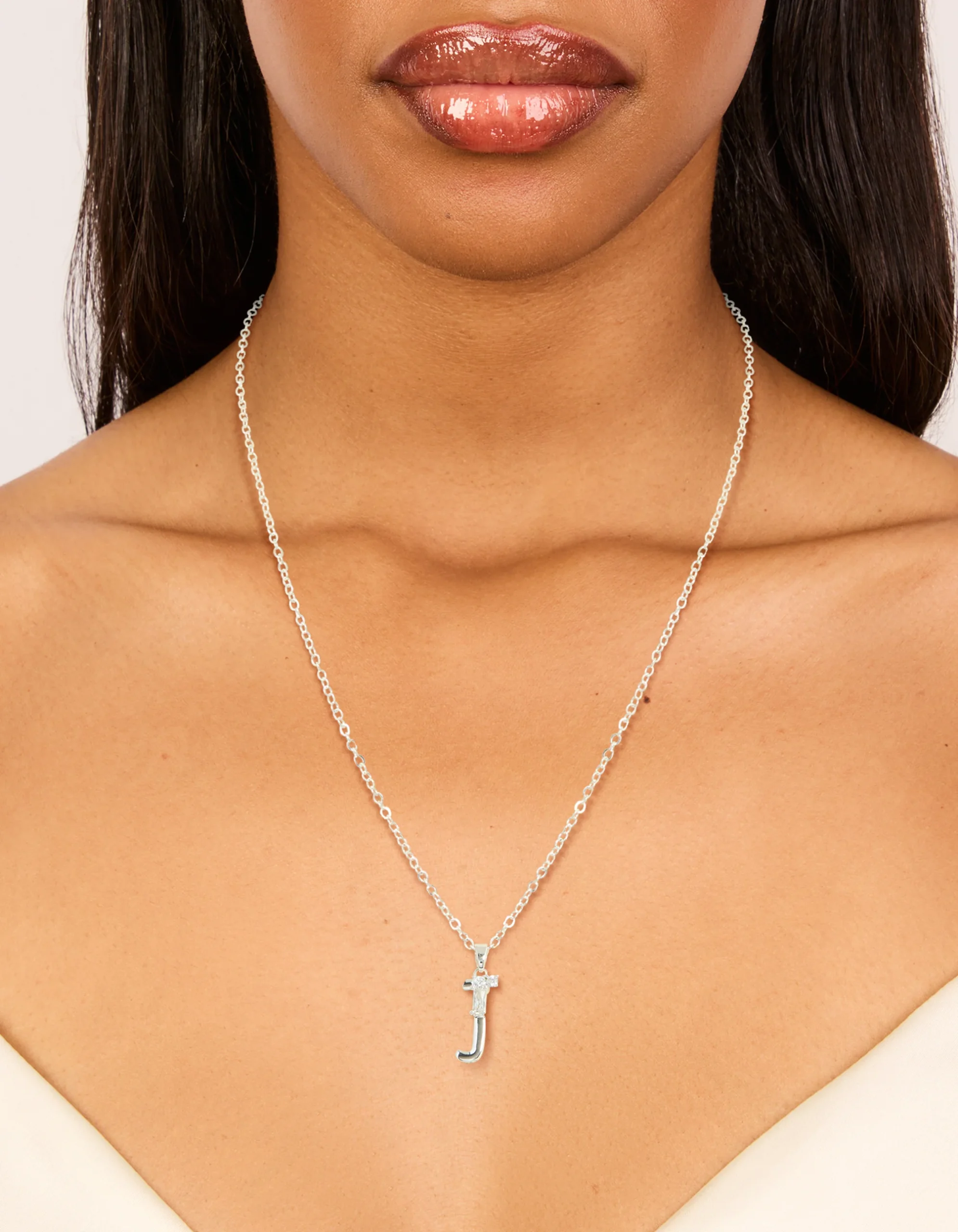 Silver Plated Thin Cubic Zirconia Letter J Necklace