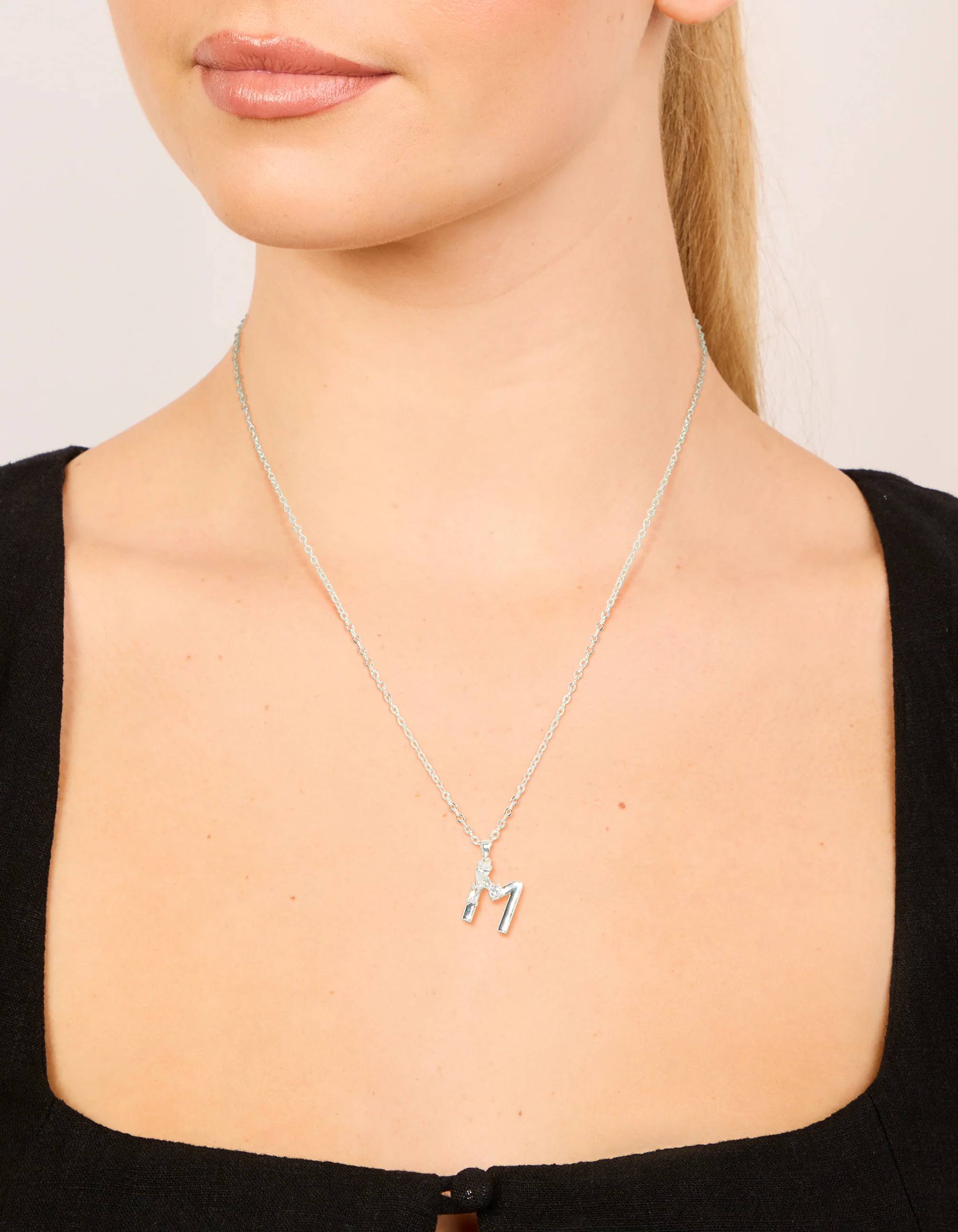 Silver Plated Thin Cubic Zirconia Letter M Necklace