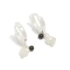 Sterling Silver Pearl & Black Stone Drop Huggie Earrings