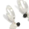 Sterling Silver Pearl & Black Stone Drop Huggie Earrings
