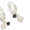 Sterling Silver Pearl & Black Stone Drop Huggie Earrings