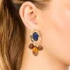 Gold Dark Blue Acrylic & Brown Beaded Medallion Drop Earrings