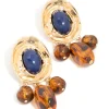 Gold Dark Blue Acrylic & Brown Beaded Medallion Drop Earrings