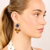 Gold Dark Blue Acrylic & Brown Beaded Medallion Drop Earrings